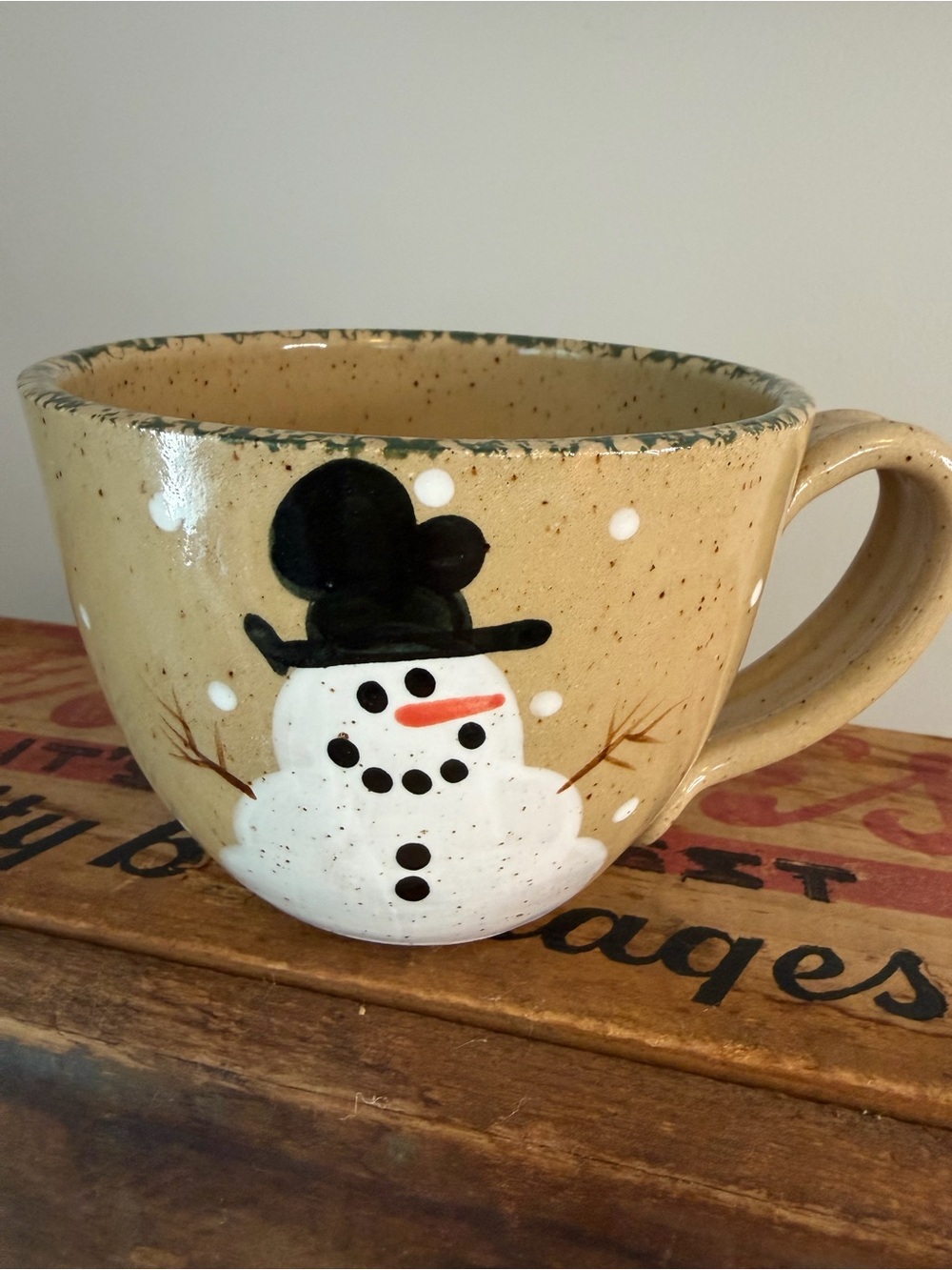 Vintage Pottery Snowman Mug Three Rivers Pottery Coshocton Ohio Green Spongeware